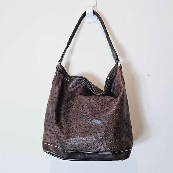 Longchamp Legende Hobo Brown Ostrich Embossed Bag Top Handle Carry Handbag - Picture 2 of 16